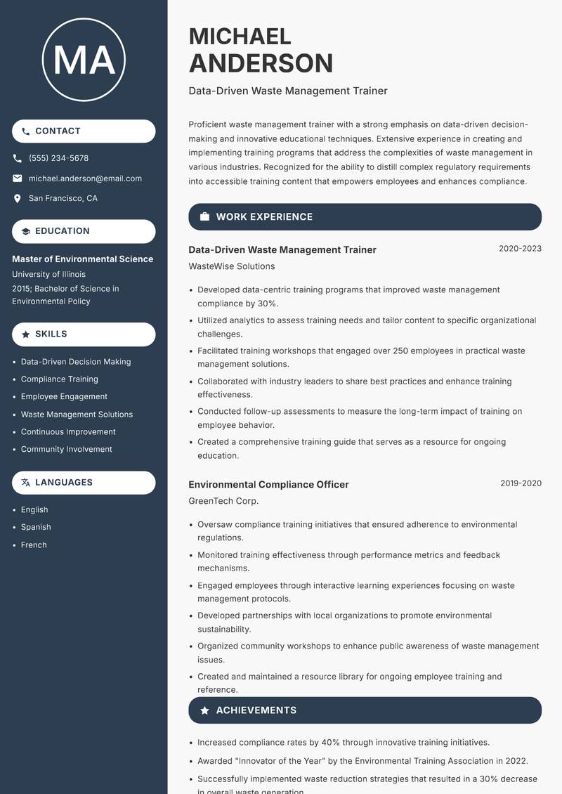 Waste Management Trainer Resume Preview Example