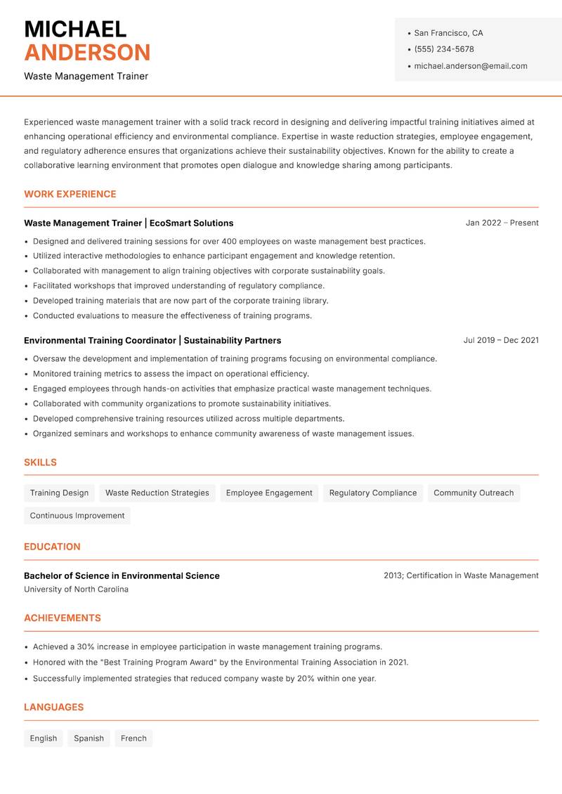 Waste Management Trainer Resume Template