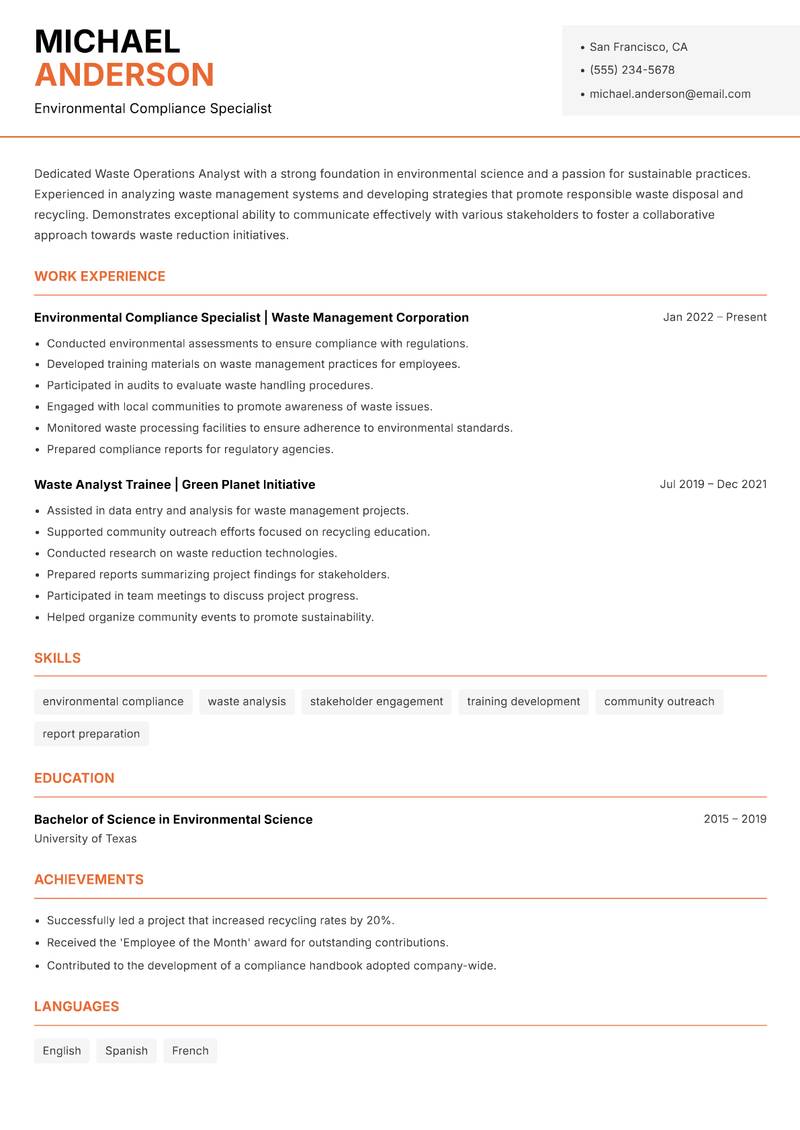 Waste Operations Analyst Resume Template