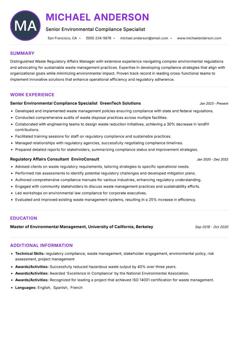 Waste Regulatory Affairs Manager Resume Preview Example