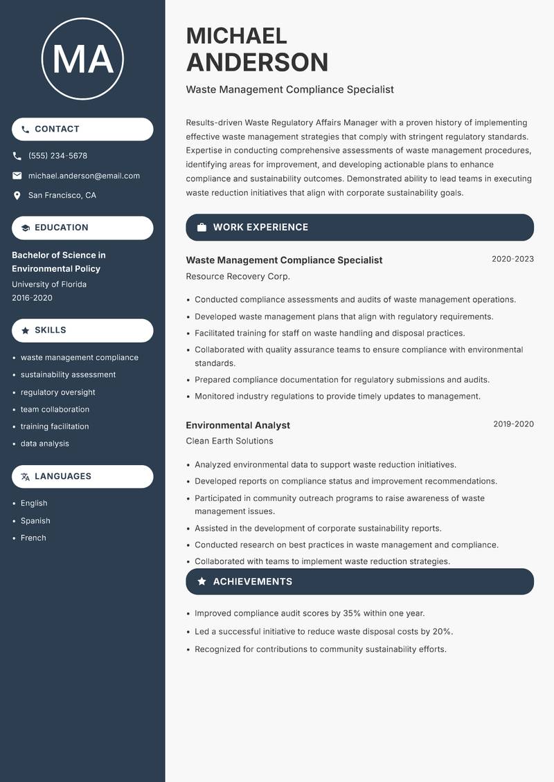 Waste Regulatory Affairs Manager Resume Preview Example