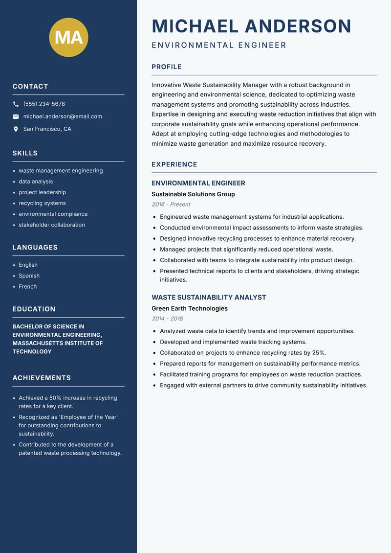 Waste Sustainability Manager Resume Preview Example