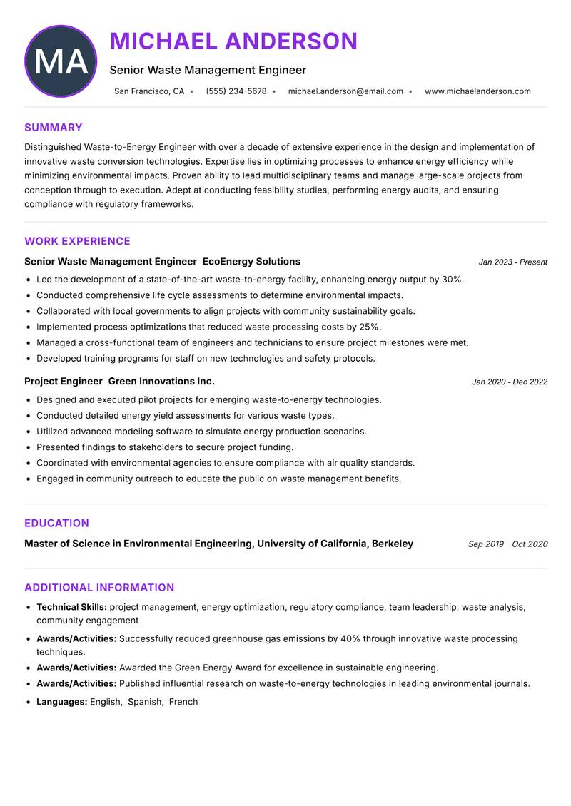 Waste-to-Energy Engineer Resume Preview Example