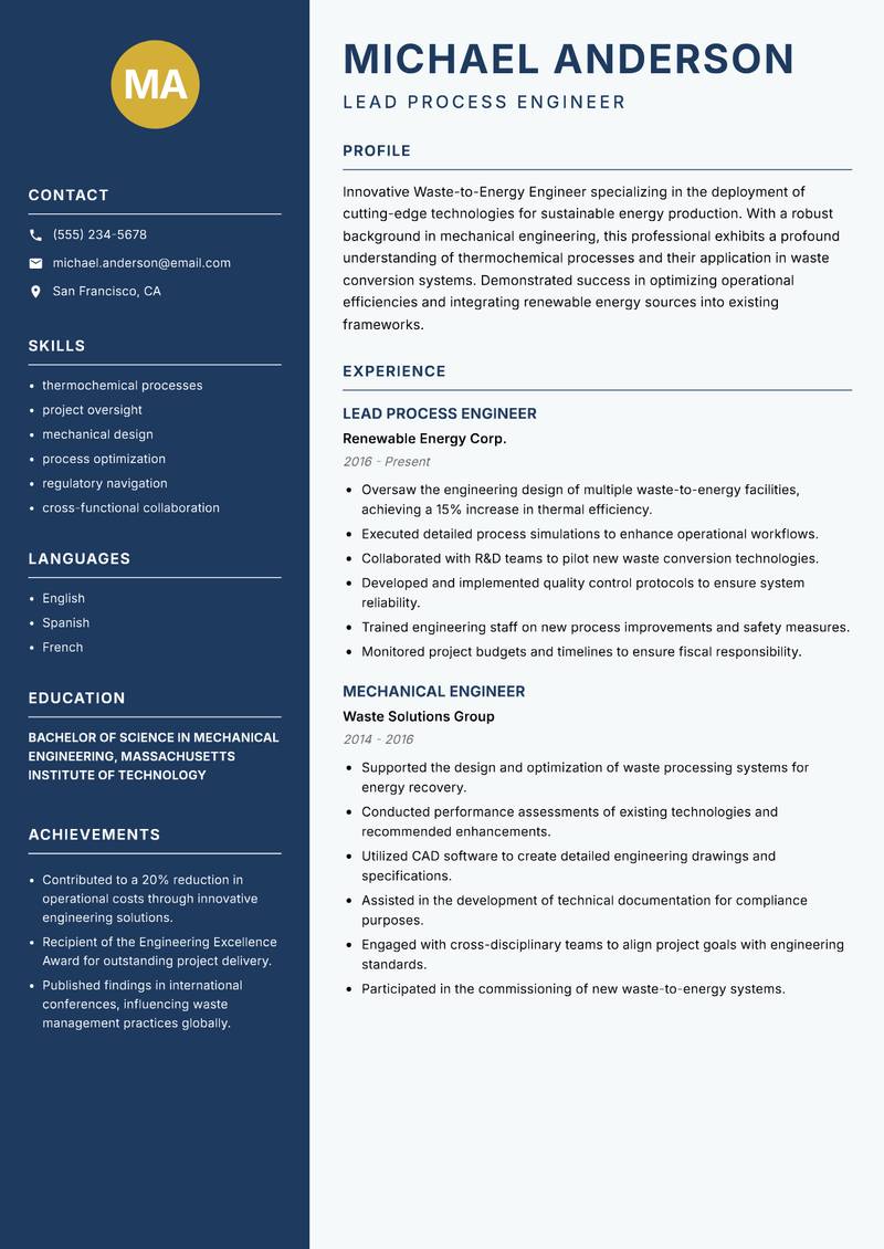 Waste-to-Energy Engineer Resume Preview Example