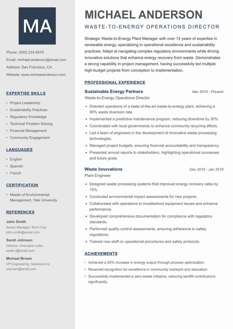 Waste-to-Energy Plant Manager Resume Preview Example