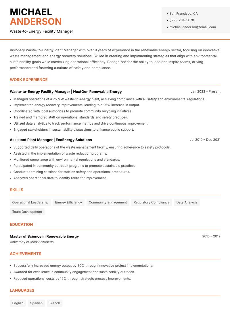 Waste-to-Energy Plant Manager Resume Template