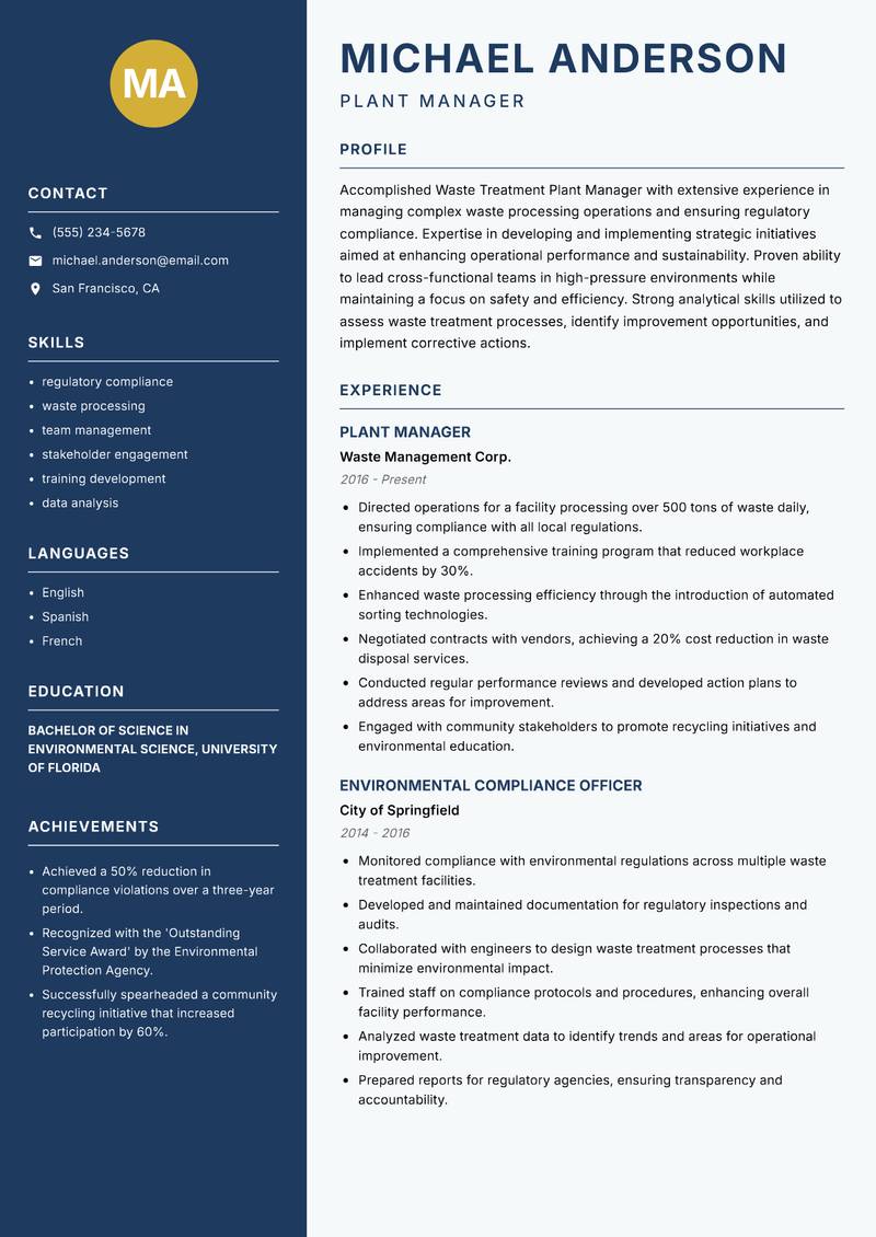 Waste Treatment Plant Manager Resume Preview Example