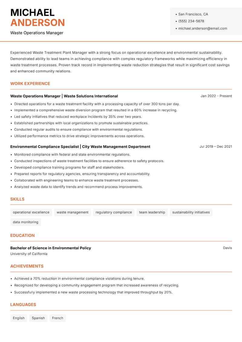 Waste Treatment Plant Manager Resume Template