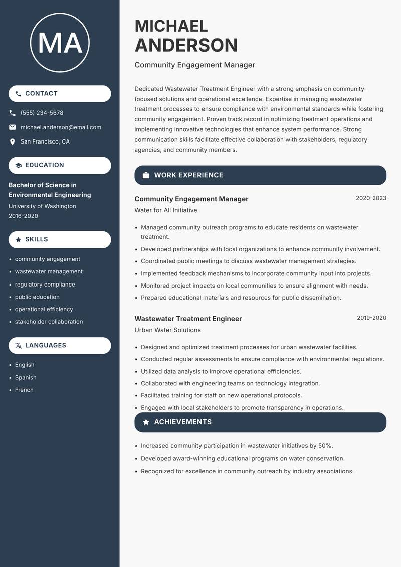 Wastewater Treatment Engineer Resume Preview Example