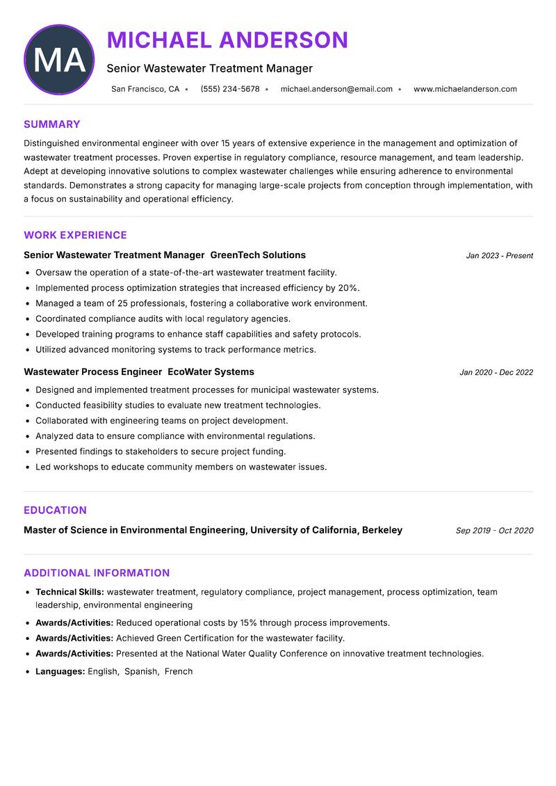 Wastewater Treatment Manager Resume Preview Example