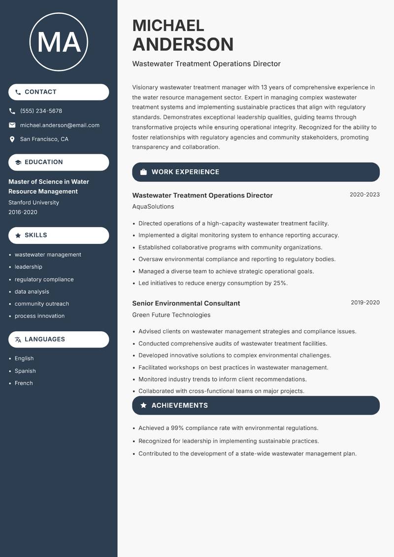 Wastewater Treatment Manager Resume Preview Example