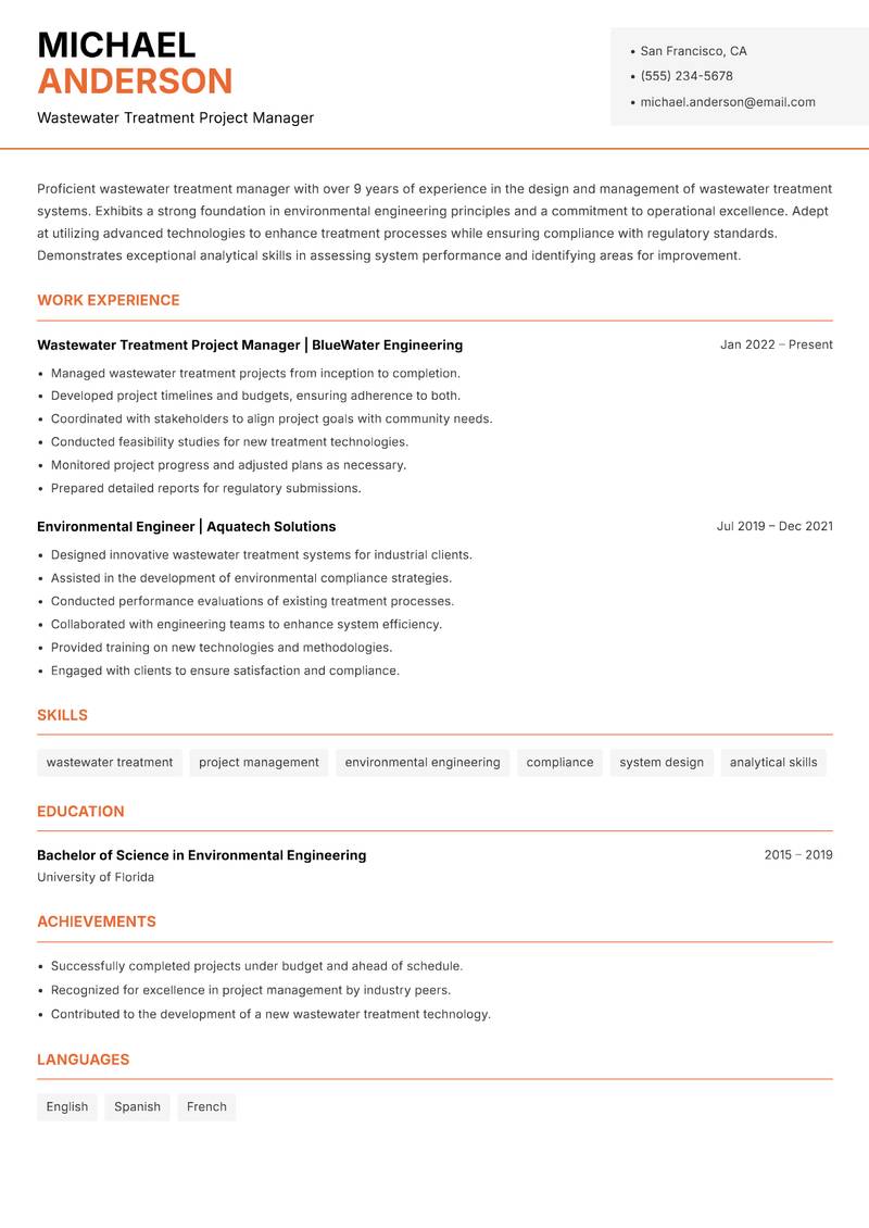 Wastewater Treatment Manager Resume Template