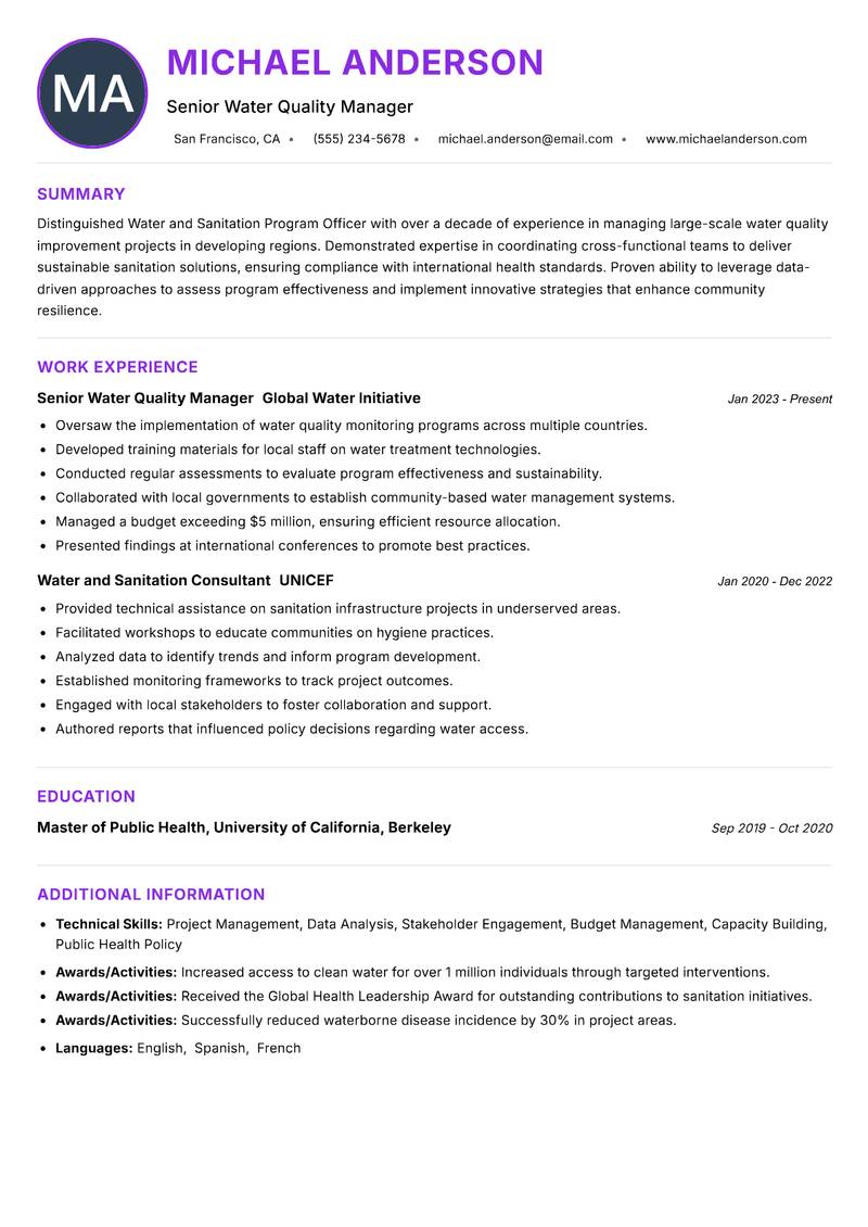 Water and Sanitation Program Officer Resume Preview Example