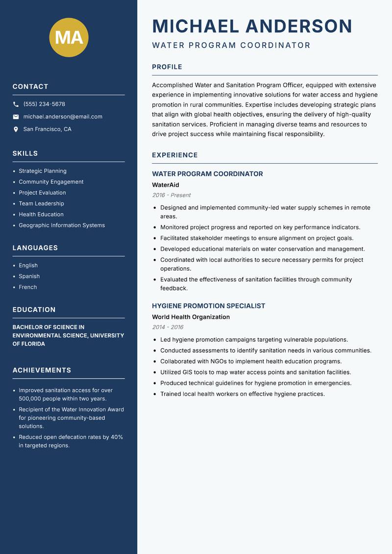 Water and Sanitation Program Officer Resume Preview Example