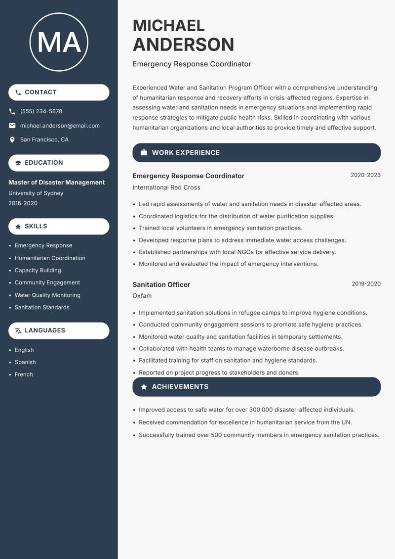 Water and Sanitation Program Officer Resume Preview Example