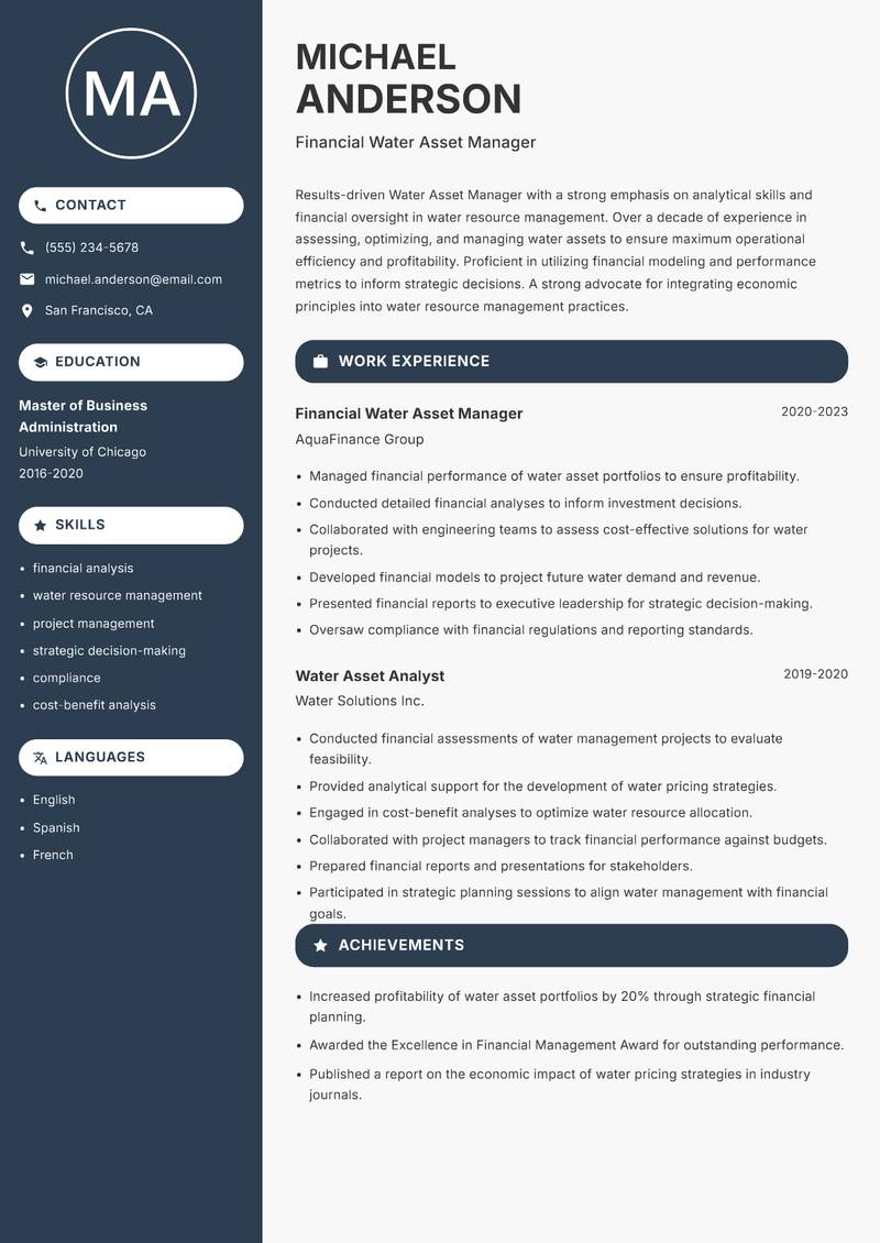 Water Asset Manager Resume Preview Example