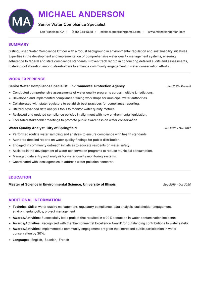 Water Compliance Officer Resume Preview Example