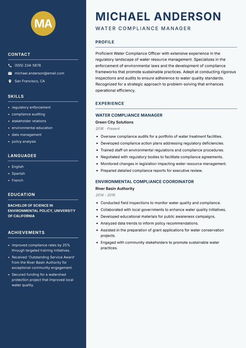 Water Compliance Officer Resume Preview Example