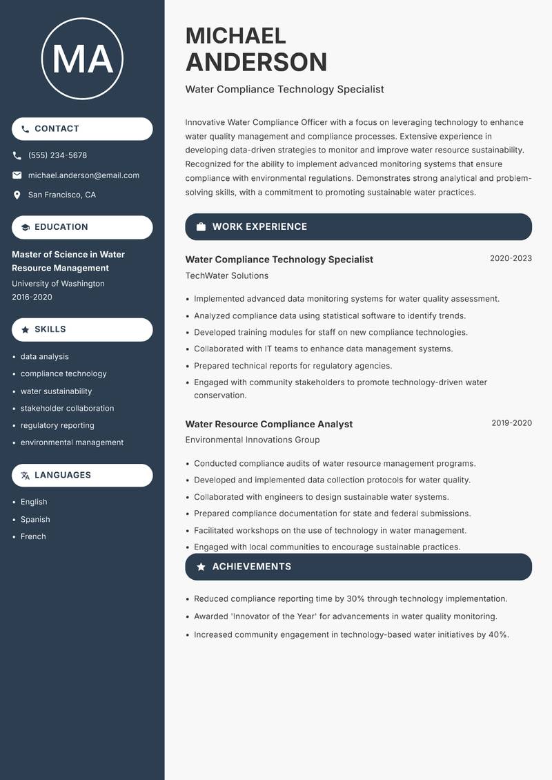 Water Compliance Officer Resume Preview Example