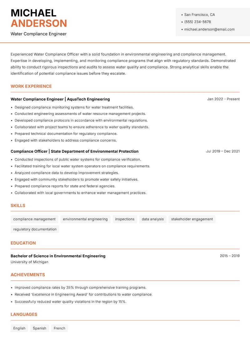 Water Compliance Officer Resume Template