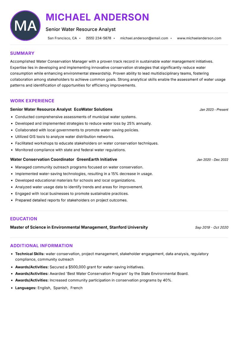 Water Conservation Manager Resume Preview Example