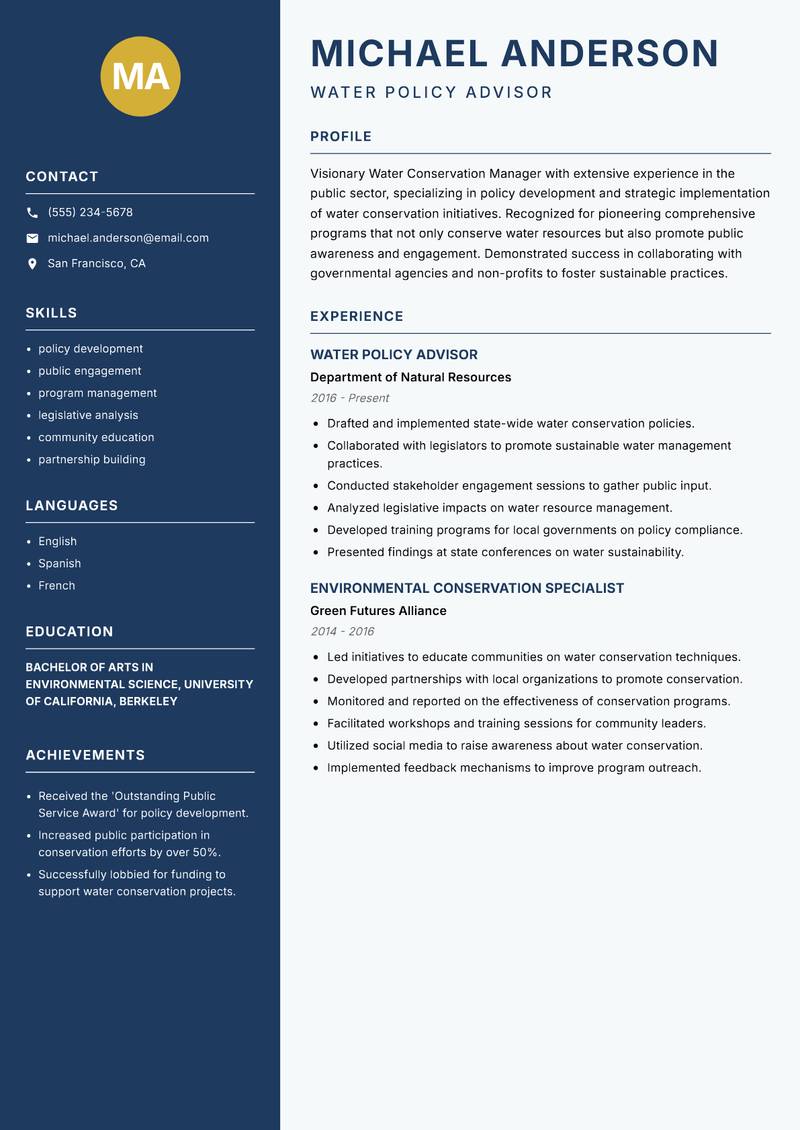 Water Conservation Manager Resume Preview Example