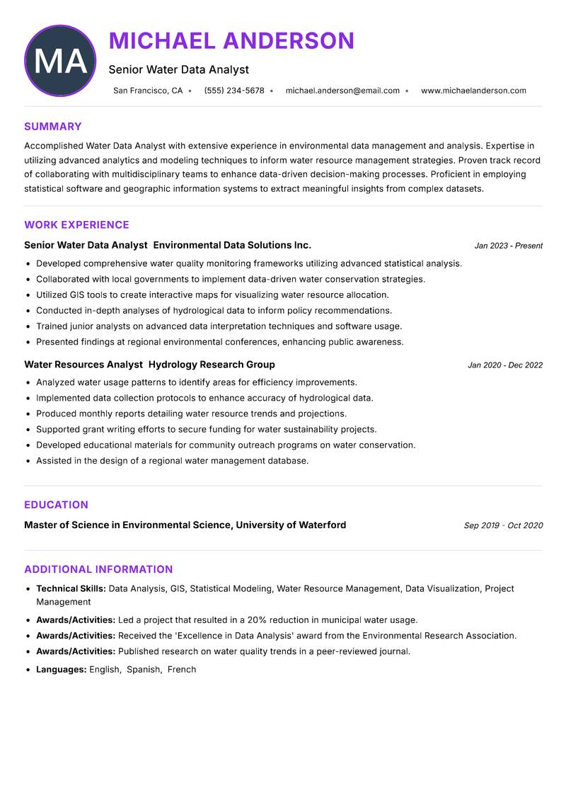 Water Data Analyst Resume Preview Example