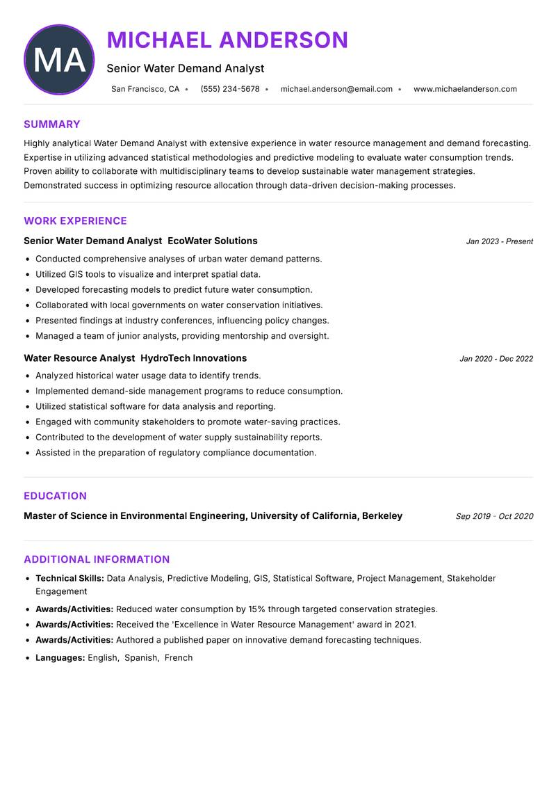 Water Demand Analyst Resume Preview Example