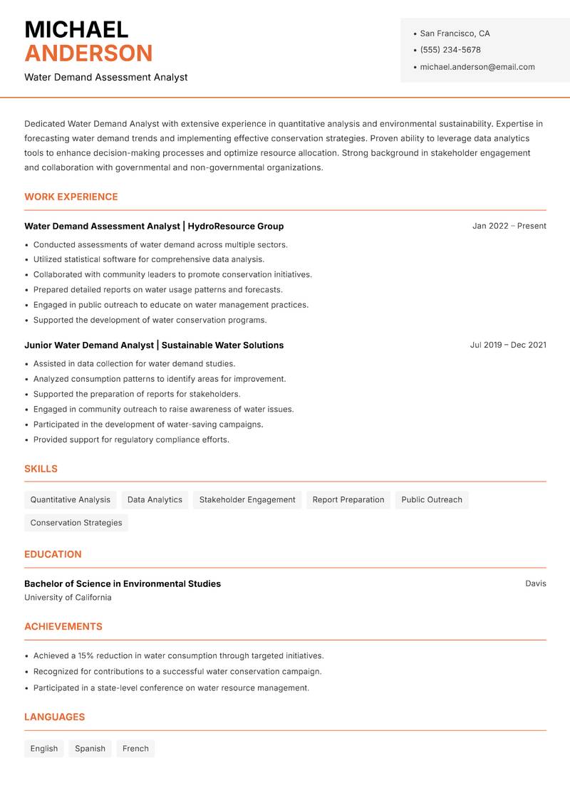 Water Demand Analyst Resume Template