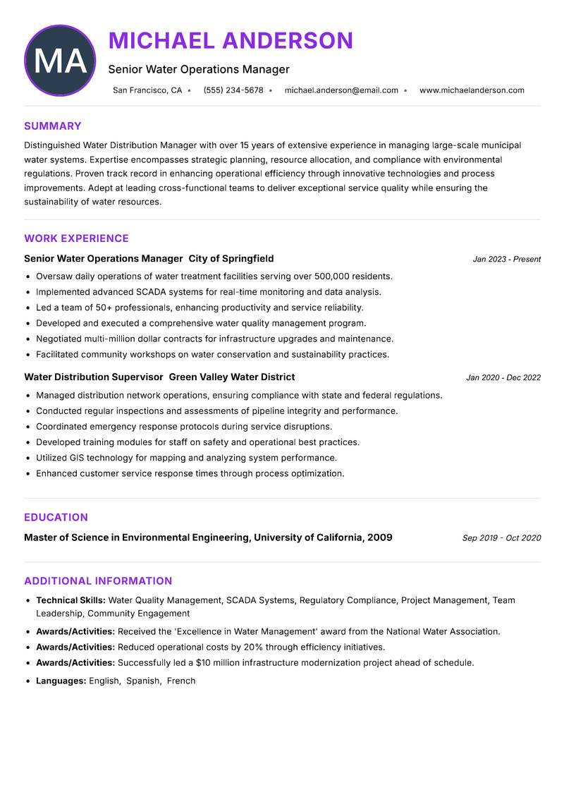 Water Distribution Manager Resume Preview Example