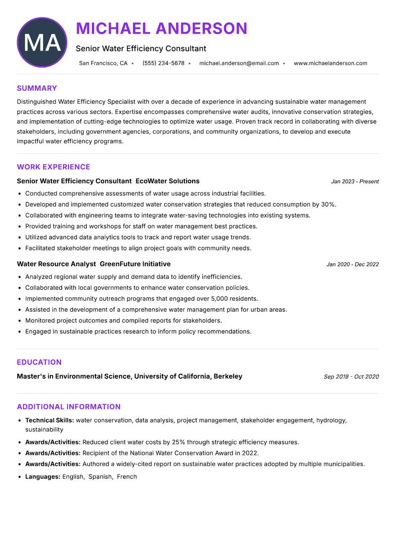 Water Efficiency Specialist Resume Preview Example