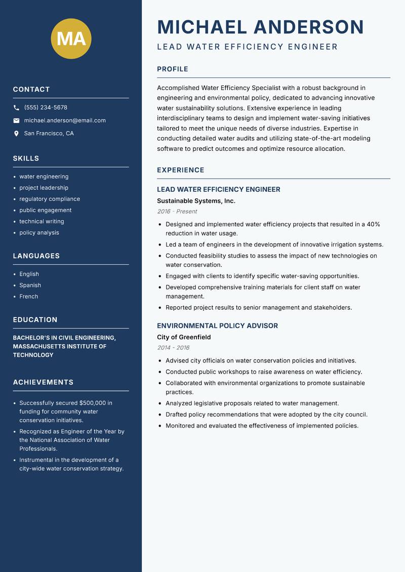 Water Efficiency Specialist Resume Preview Example