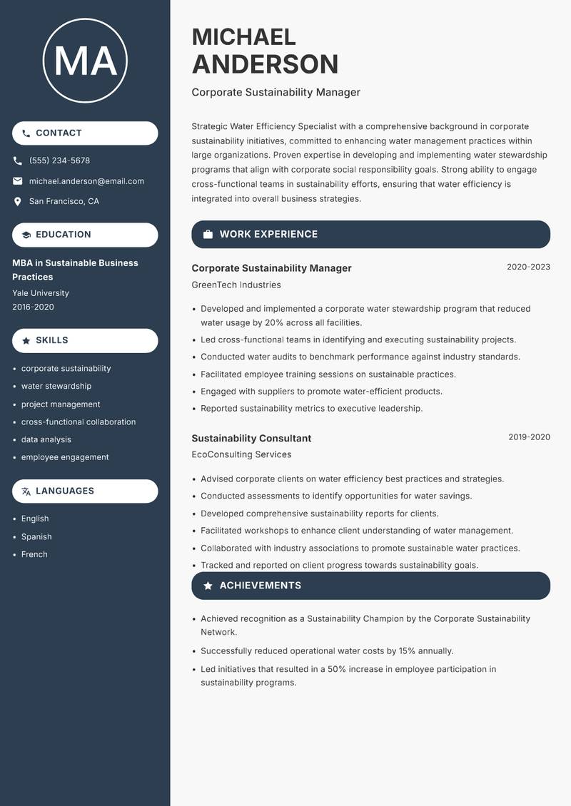 Water Efficiency Specialist Resume Preview Example