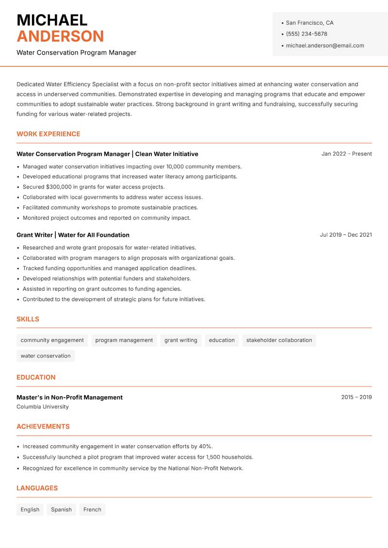 Water Efficiency Specialist Resume Template