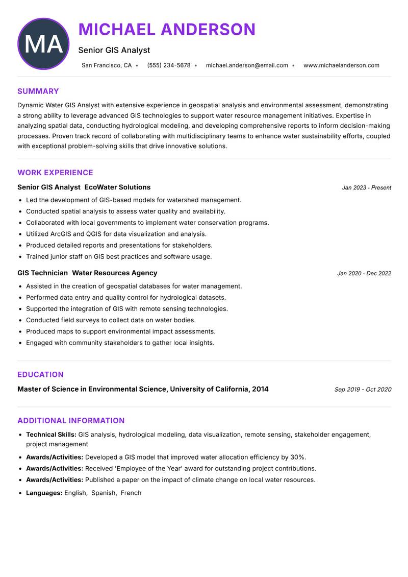 Water GIS Analyst Resume Preview Example