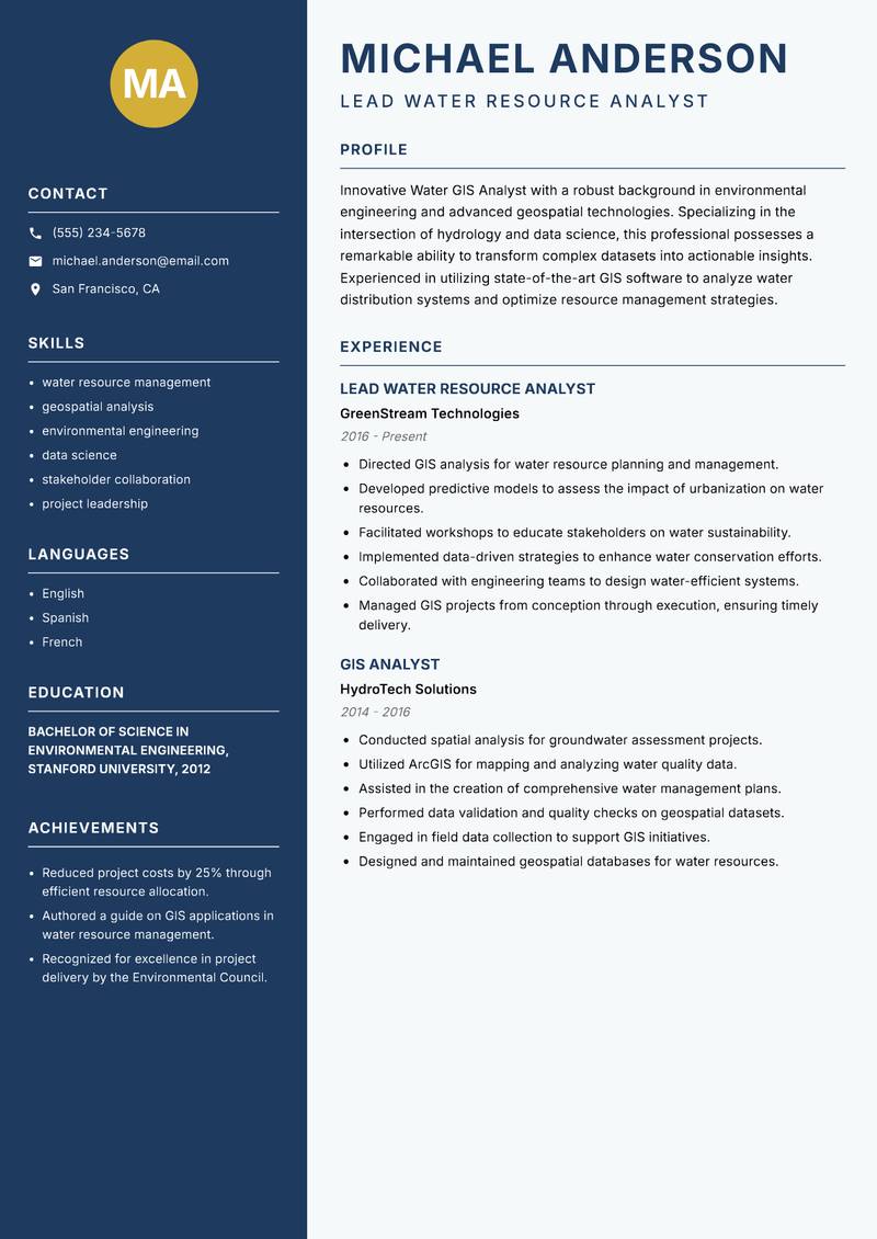 Water GIS Analyst Resume Preview Example