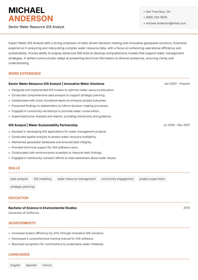 Water GIS Analyst Resume Template