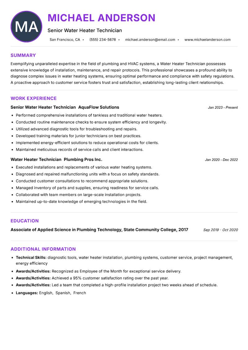 Water Heater Technician Resume Preview Example