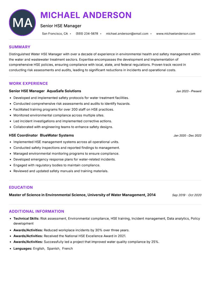 Water HSE Manager Resume Preview Example