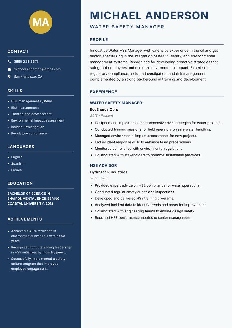 Water HSE Manager Resume Preview Example
