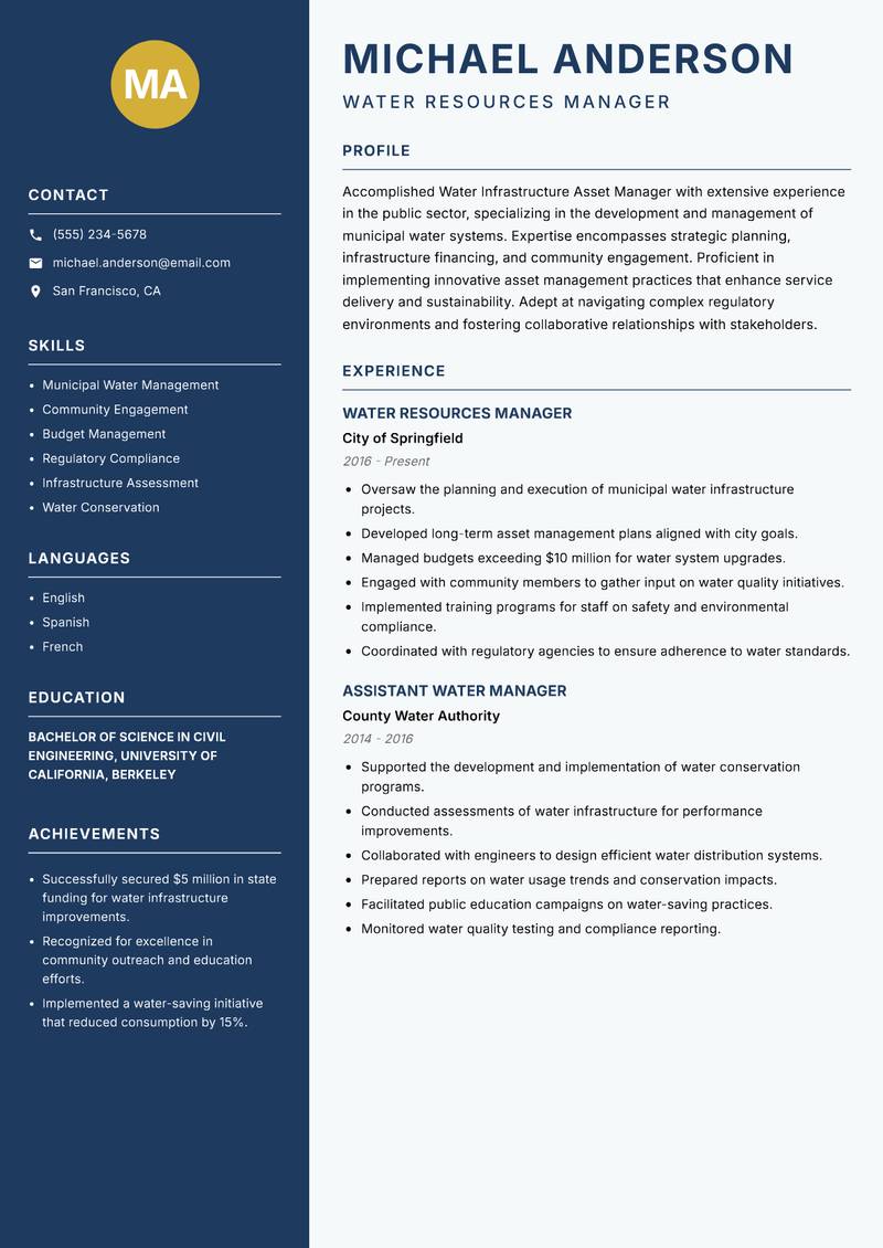 Water Infrastructure Asset Manager Resume Preview Example