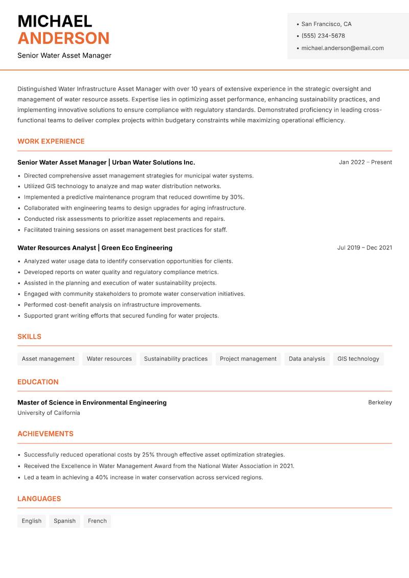 Water Infrastructure Asset Manager Resume Template