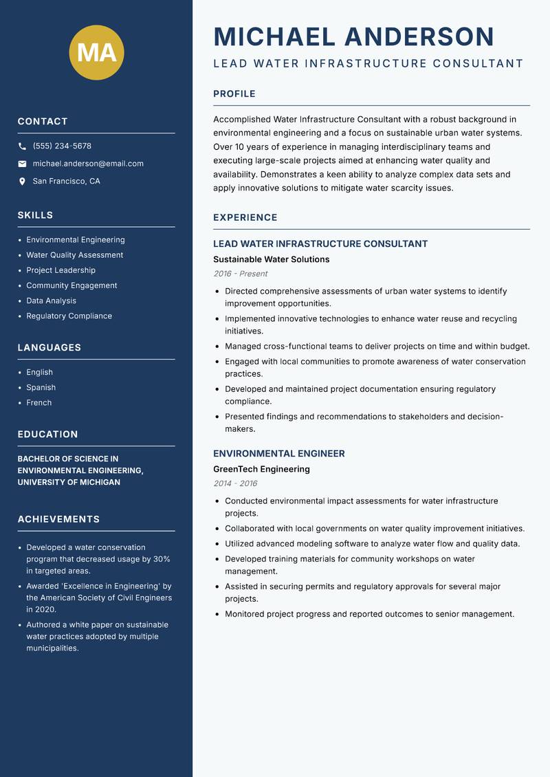 Water Infrastructure Consultant Resume Preview Example