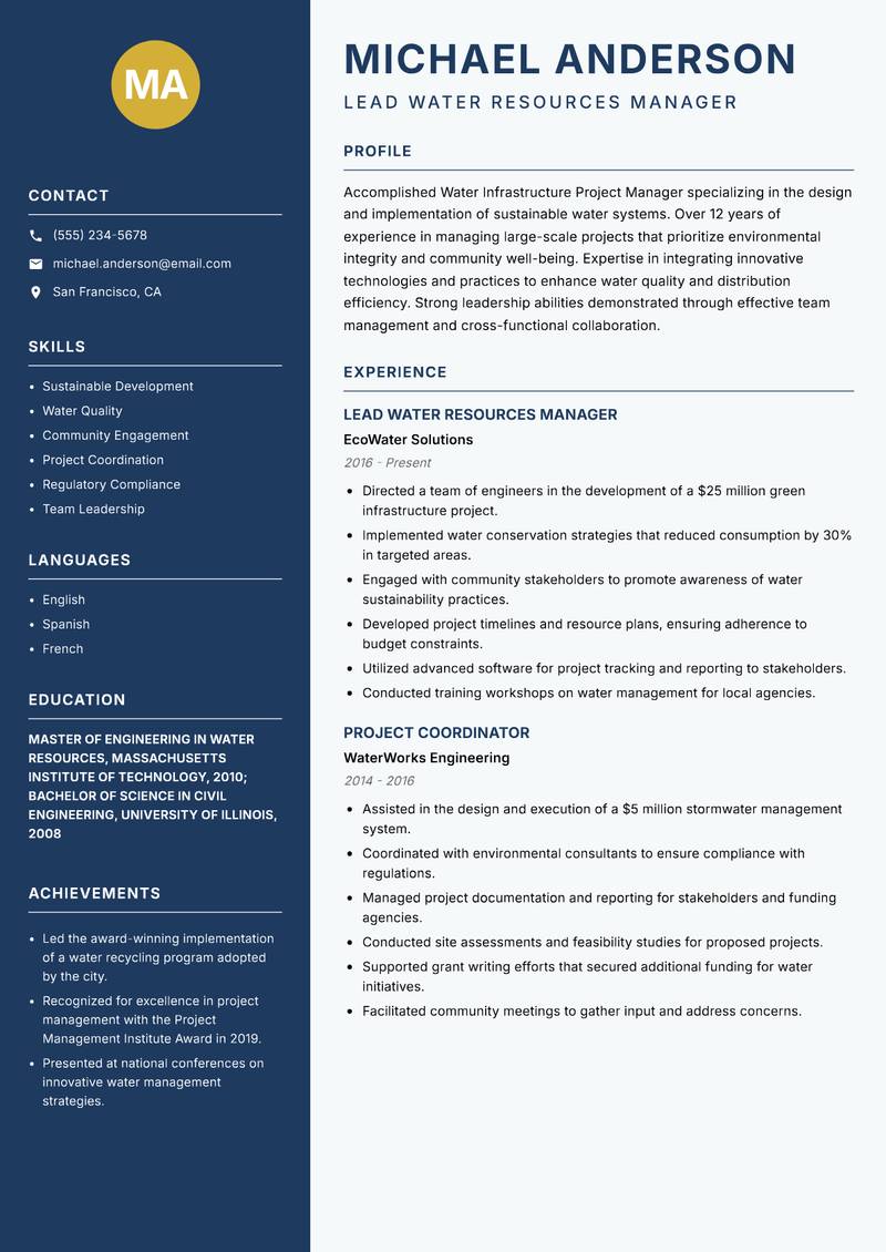 Water Infrastructure Project Manager Resume Preview Example