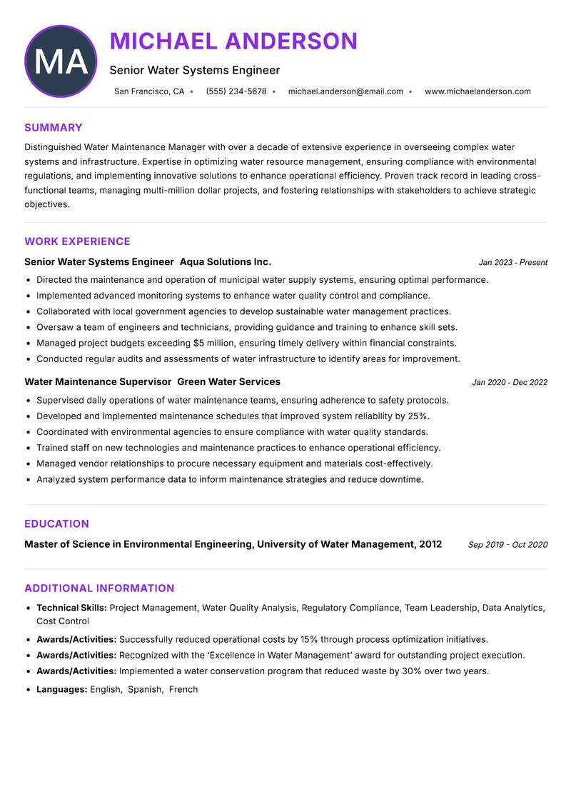 Water Maintenance Manager Resume Preview Example