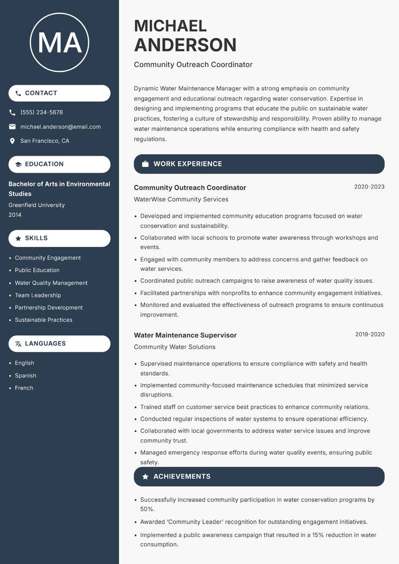 Water Maintenance Manager Resume Preview Example