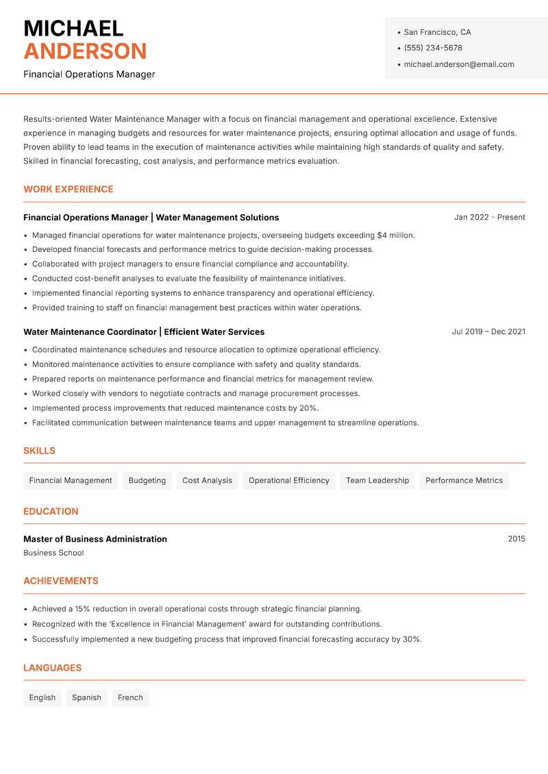 Water Maintenance Manager Resume Template