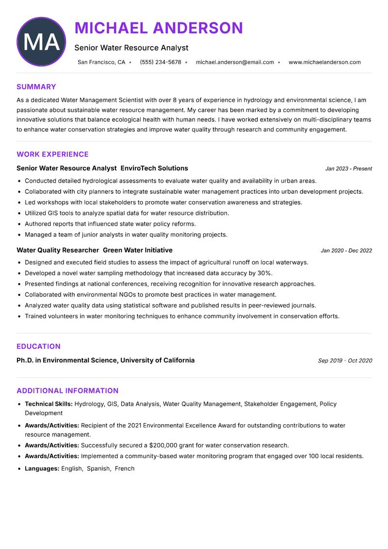 Water Management Scientist Resume Preview Example