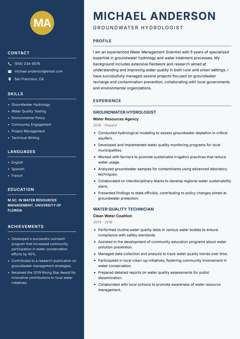 Water Management Scientist Resume Preview Example