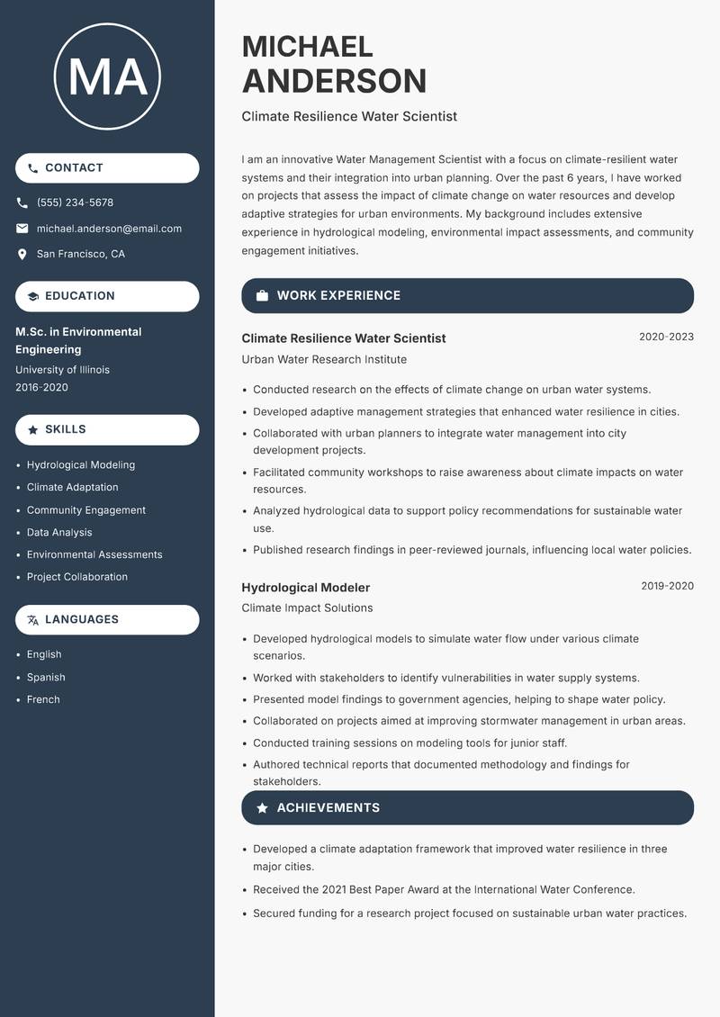 Water Management Scientist Resume Preview Example
